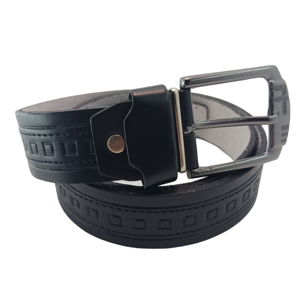 S/M Mens Black Leather Belt Adjustable Casual Business Geometric Casual Tooled